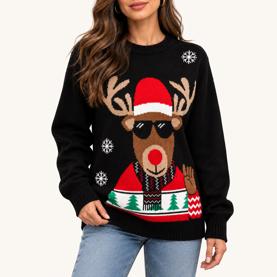 Damen Weihnachtspullover mit Rentiermuster | Gestrickter Winterpullover mit Rundhalsausschnitt und langen Ärmeln für Weihnachten