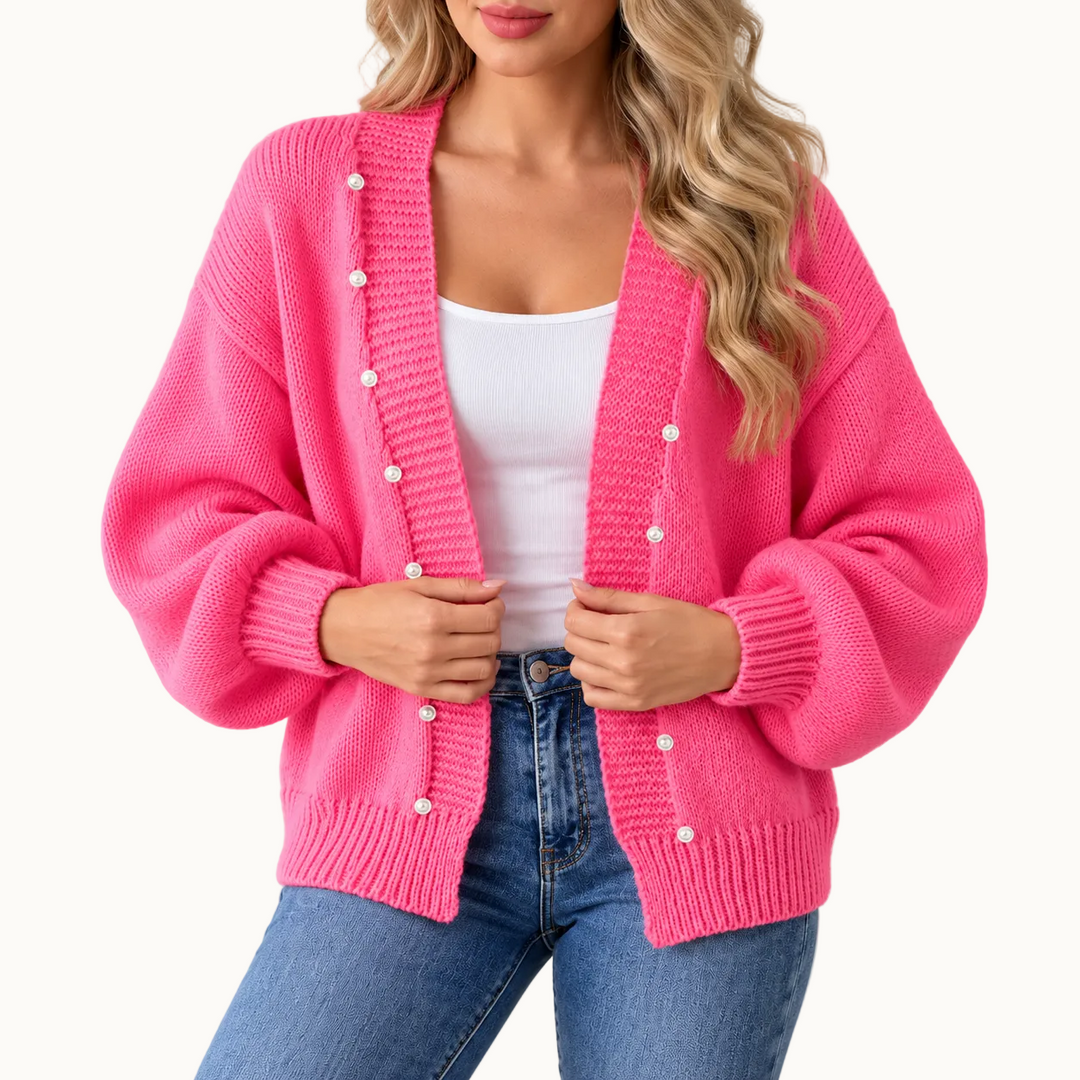 Damen Strickjacke | Cardigan mit Perlenknöpfen, V-Ausschnitt, Ballonärmeln und lockerer Passform für Alltag und Büro