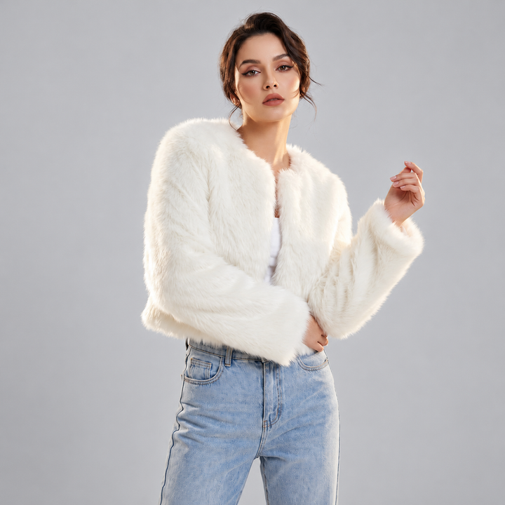 Damen Kunstfelljacke kurz aus weichem Kunstpelz | Leichte Winterjacke im Cardigan-Stil für Alltag, Büro und elegante Anlässe