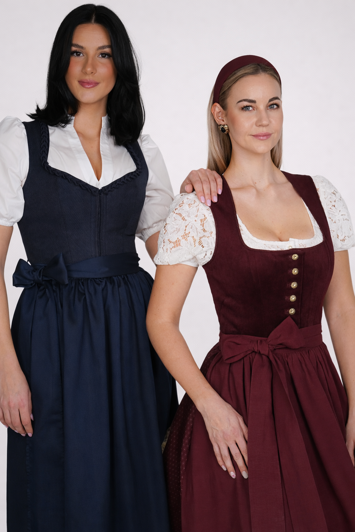 Dirndl Maxi Damen | Langes Trachtenkleid mit Strukturstoff, gemusterter Schürze und 75 cm Rocklänge für Oktoberfest