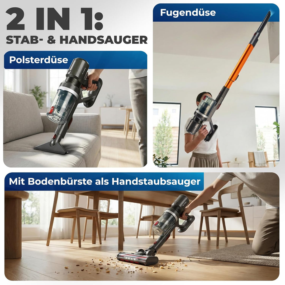 Akkustaubsauger 460 Watt | Kabelloser 2-in-1 Stielstaubsauger mit LED-Bodendüse und bis zu 60 Minuten Laufzeit