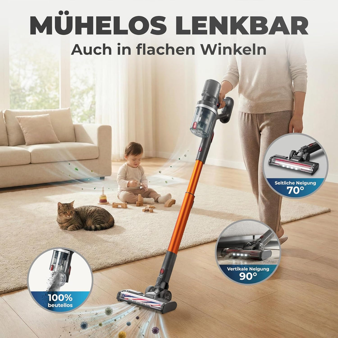 Akkustaubsauger 460 Watt | Kabelloser 2-in-1 Stielstaubsauger mit LED-Bodendüse und bis zu 60 Minuten Laufzeit