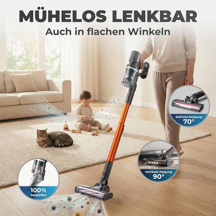 Akkustaubsauger 460 Watt | Kabelloser 2-in-1 Stielstaubsauger mit LED-Bodendüse und bis zu 60 Minuten Laufzeit