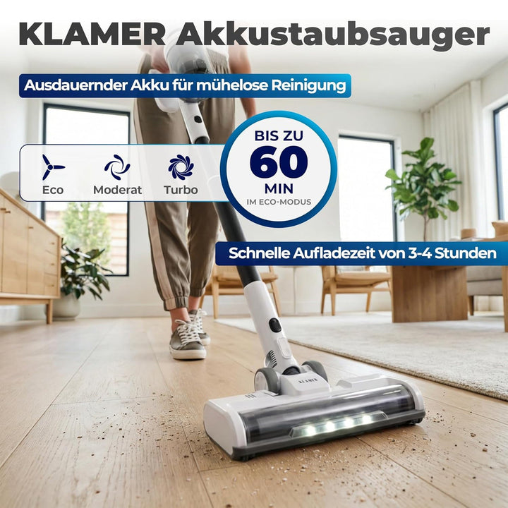 Akkustaubsauger 460 Watt | Kabelloser 2-in-1 Stielstaubsauger mit LED-Bodendüse und bis zu 60 Minuten Laufzeit
