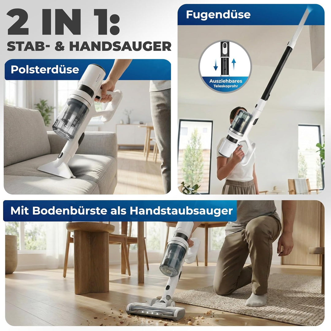 Akkustaubsauger 460 Watt | Kabelloser 2-in-1 Stielstaubsauger mit LED-Bodendüse und bis zu 60 Minuten Laufzeit