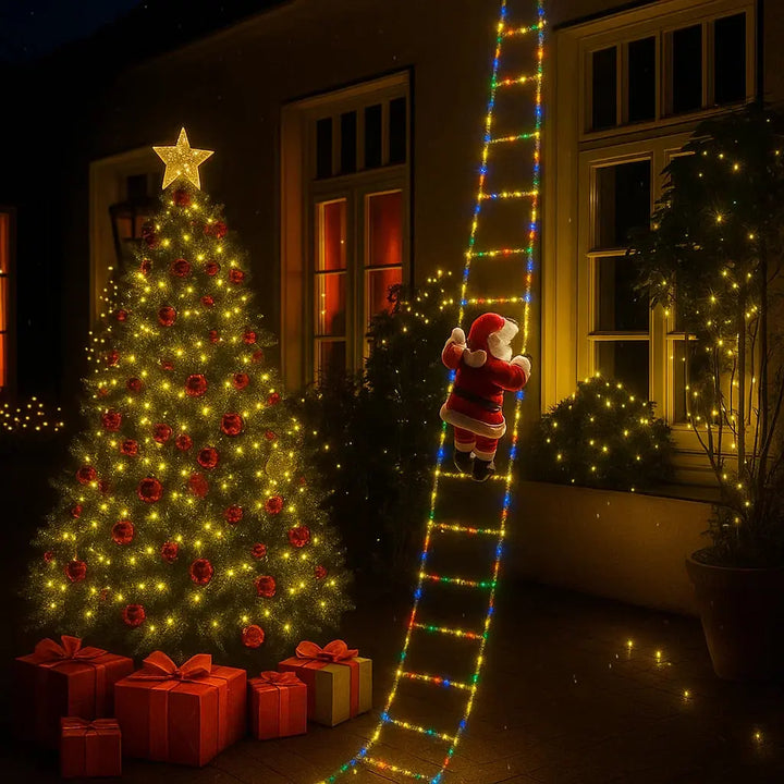 Kletternder Weihnachtsmann mit LED-Leiter | Beleuchtete Weihnachtsdekoration mit 2,5 m langer Leiter für Balkon, Fenster und Fassade