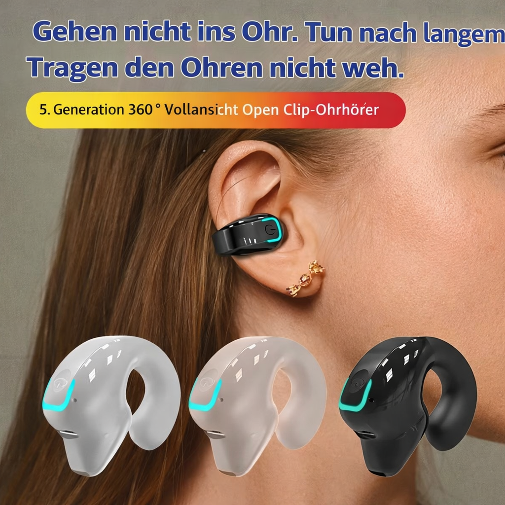 Bluetooth Clip-On Kopfhörer | Open-Ear Ohrhörer mit Bluetooth 5.3, Ein-Knopf-Steuerung und bequemem Sitz