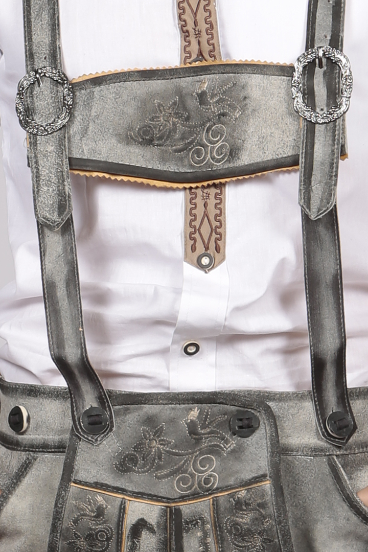 Lederhose Herren kurz | Graue Trachtenlederhose mit Stickerei und verstellbaren Hosenträgern für Oktoberfest
