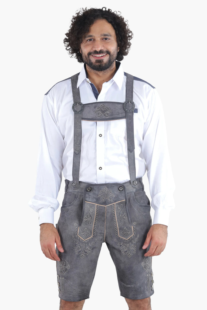 Lederhose Herren kurz | Schwarze Trachtenlederhose mit Stickerei und verstellbaren Hosenträgern für Oktoberfest
