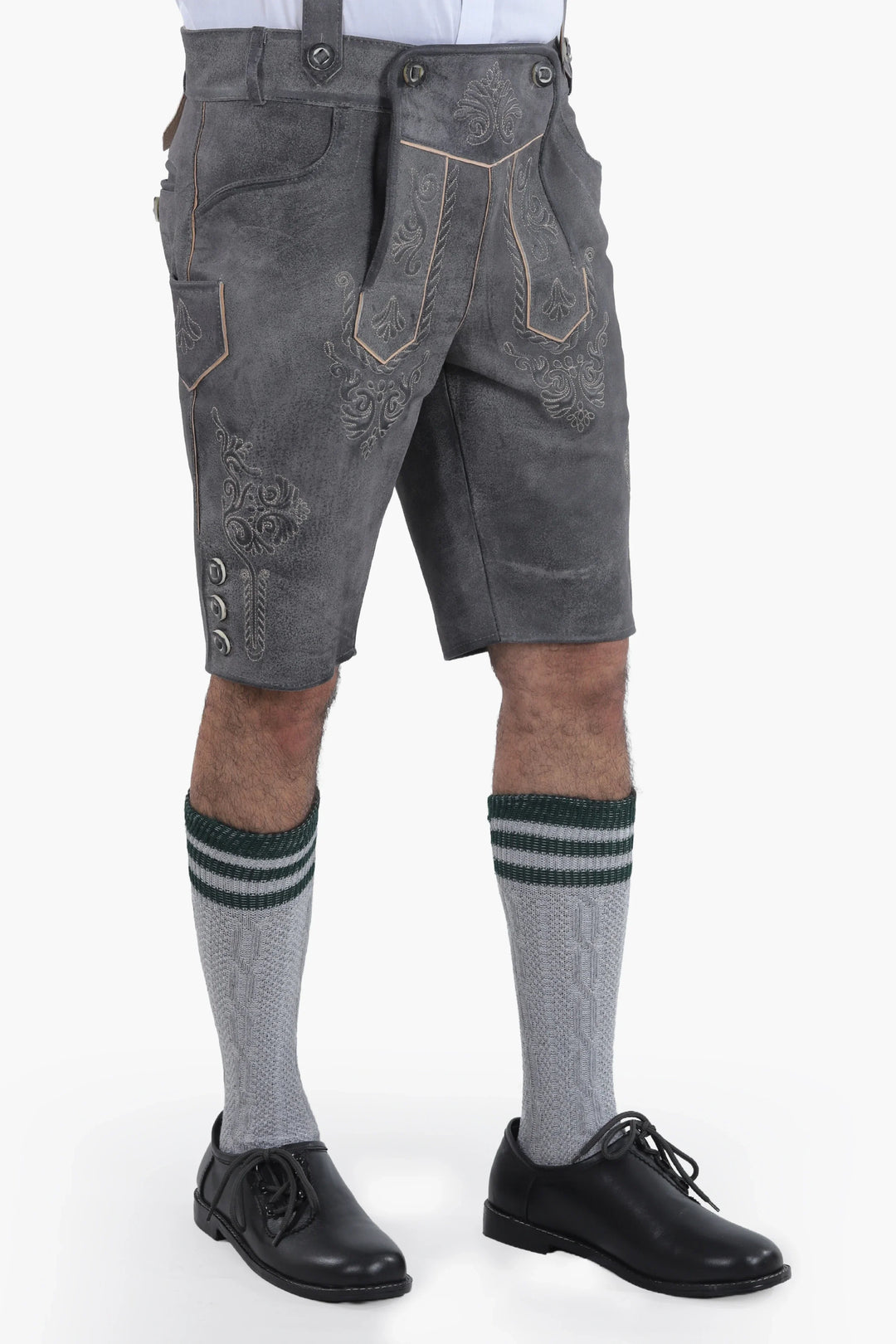 Lederhose Herren kurz | Schwarze Trachtenlederhose mit Stickerei und verstellbaren Hosenträgern für Oktoberfest