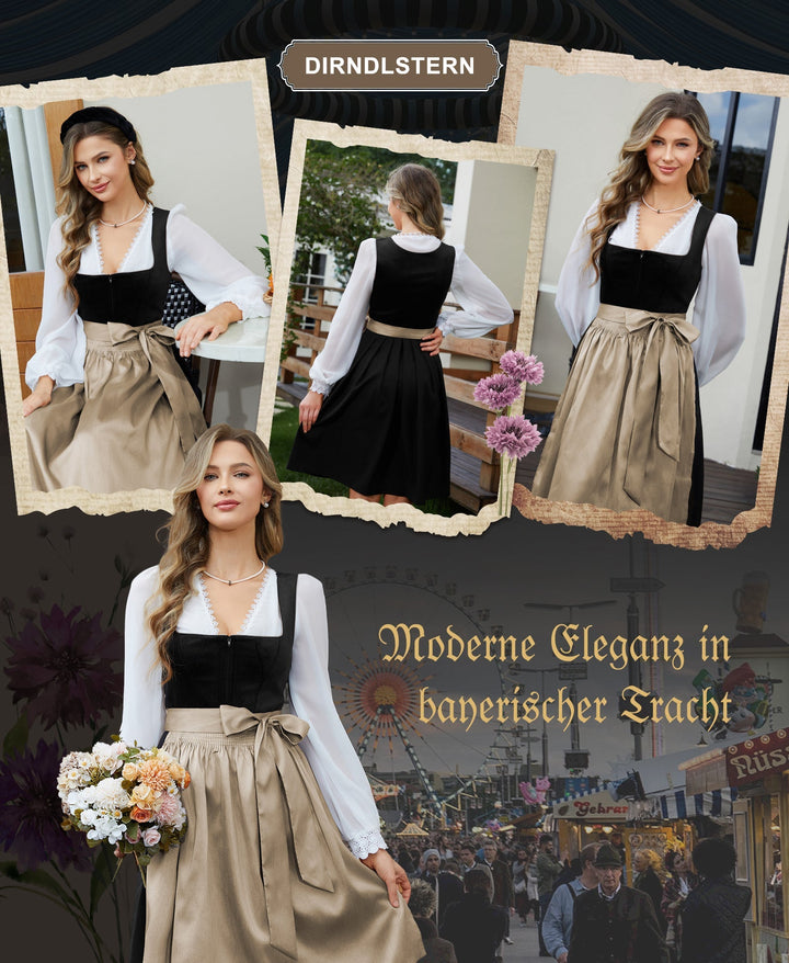 Dirndl Midi Damen | Samt-Dirndl mit geradem Ausschnitt und passender Schürze für Oktoberfest und Volksfest
