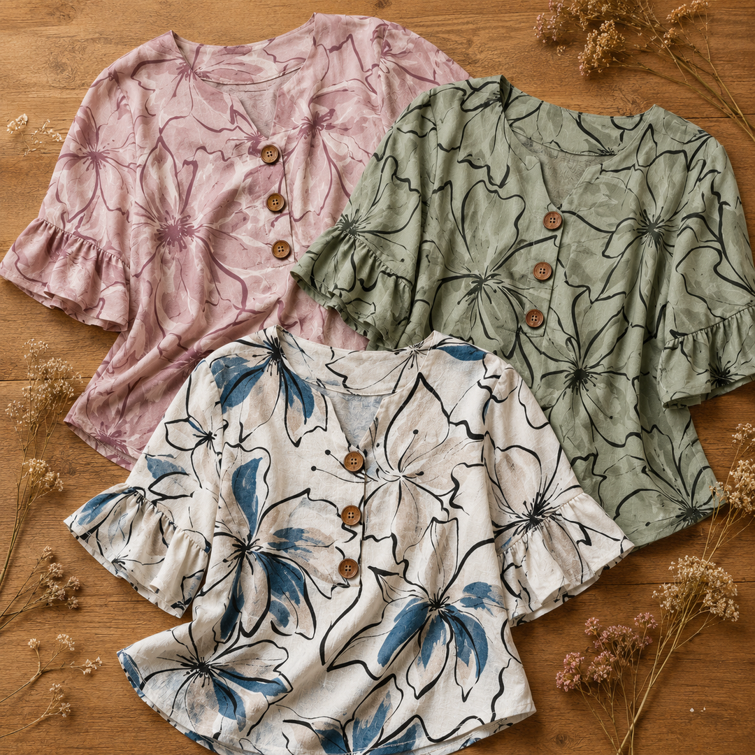Damen Blumenbluse | Aquarellmuster mit V-Ausschnitt, Holzknöpfen und Rüschenärmeln für Alltag und Büro