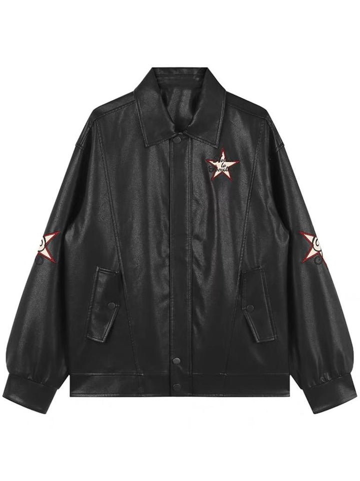 Schwarze Kunstlederjacke mit Reverskragen | Lockere Jacke mit Vintage-Stickerei und langen Ärmeln im Streetwear-Stil