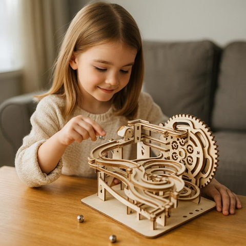 Holz-Kugelbahn Bausatz | Mechanisches 3D-Holzpuzzle mit Zahnrädern zum Selberbauen für Modellbau-Fans