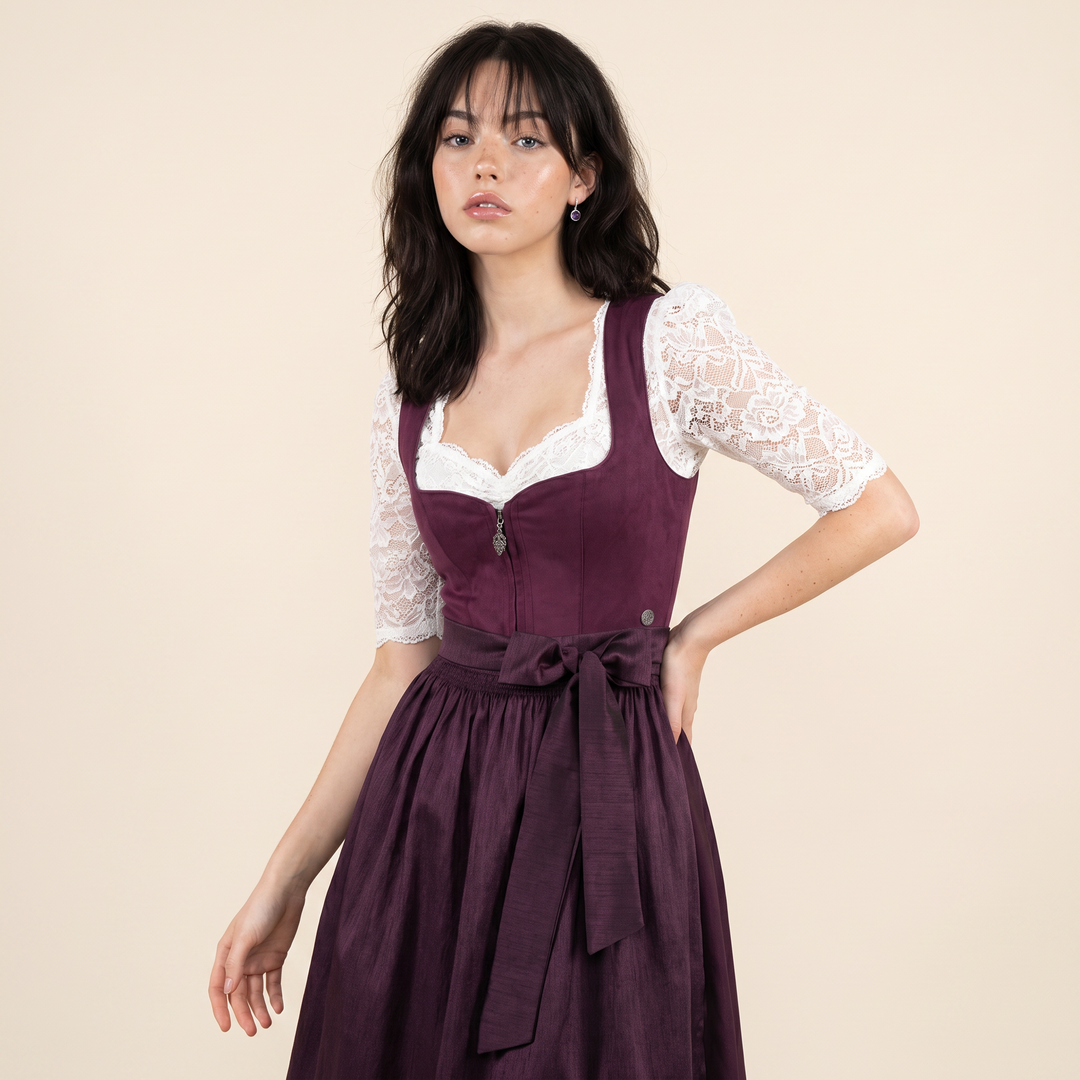 Damen Dirndl | Midi Trachtenkleid mit samtigem Mieder, Reißverschluss und strukturierter Schürze