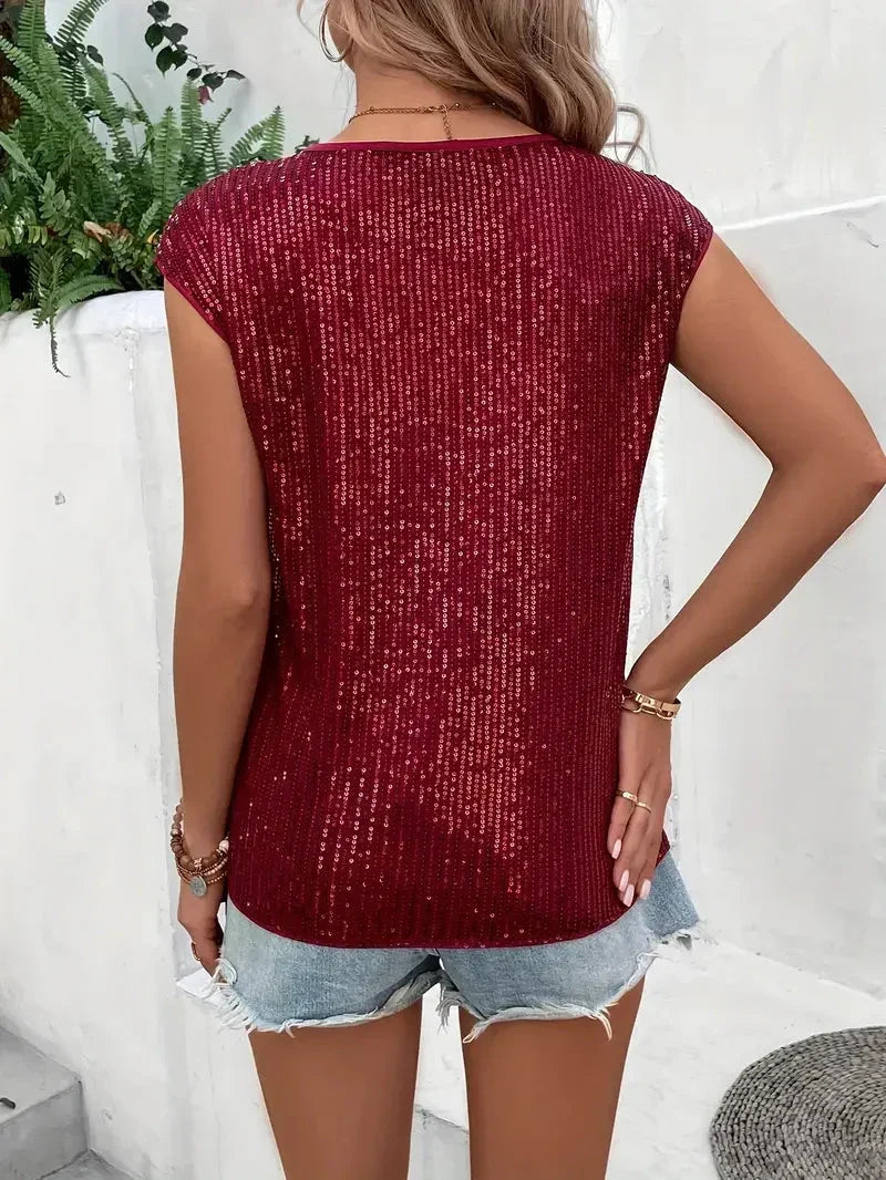 Damen Pailletten Top | Ärmelloses Glitzeroberteil mit funkelnden Pailletten für Partys, Silvester und festliche Abendlooks
