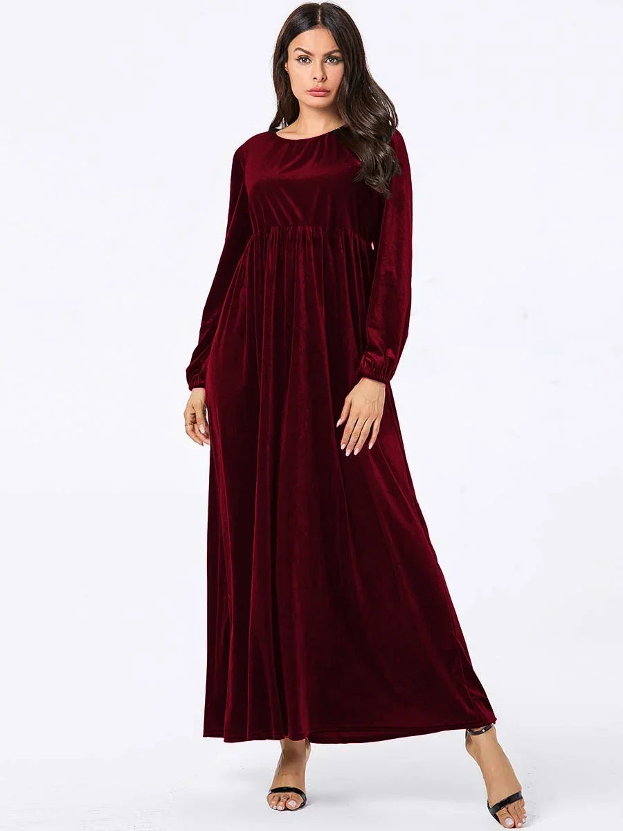 Damen Samt Maxikleid in großen Größen | Elegantes Abendkleid mit hoher Empire-Taille, langen Ärmeln und weich fallendem Stoff