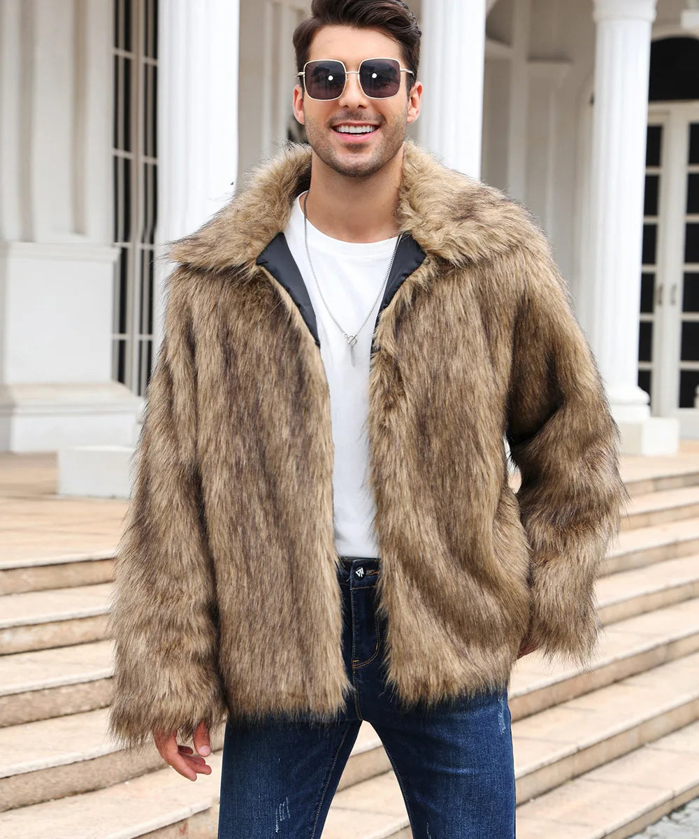 Herren Kunstfelljacke mit Umlegekragen | Flauschige Winterjacke im Oversize-Schnitt mit offener Vorderseite und Seitentaschen