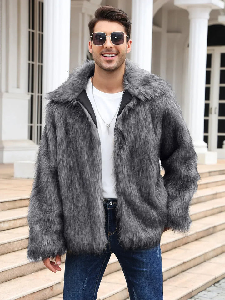 Herren Kunstfelljacke mit Umlegekragen | Flauschige Winterjacke im Oversize-Schnitt mit offener Vorderseite und Seitentaschen