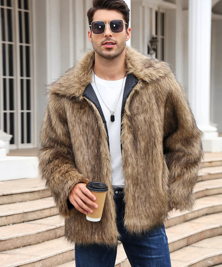 Herren Kunstfelljacke mit Umlegekragen | Flauschige Winterjacke im Oversize-Schnitt mit offener Vorderseite und Seitentaschen
