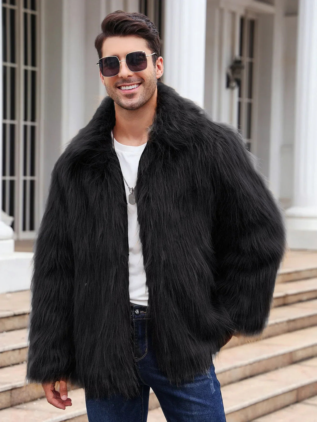 Herren Kunstfelljacke mit Umlegekragen | Flauschige Winterjacke im Oversize-Schnitt mit offener Vorderseite und Seitentaschen
