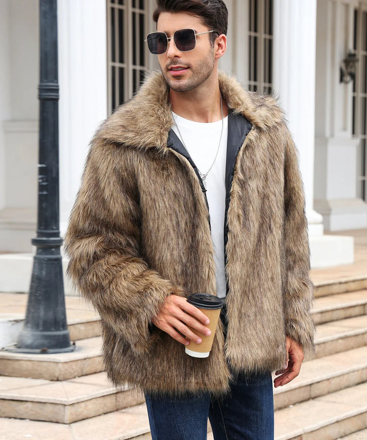 Herren Kunstfelljacke mit Umlegekragen | Flauschige Winterjacke im Oversize-Schnitt mit offener Vorderseite und Seitentaschen