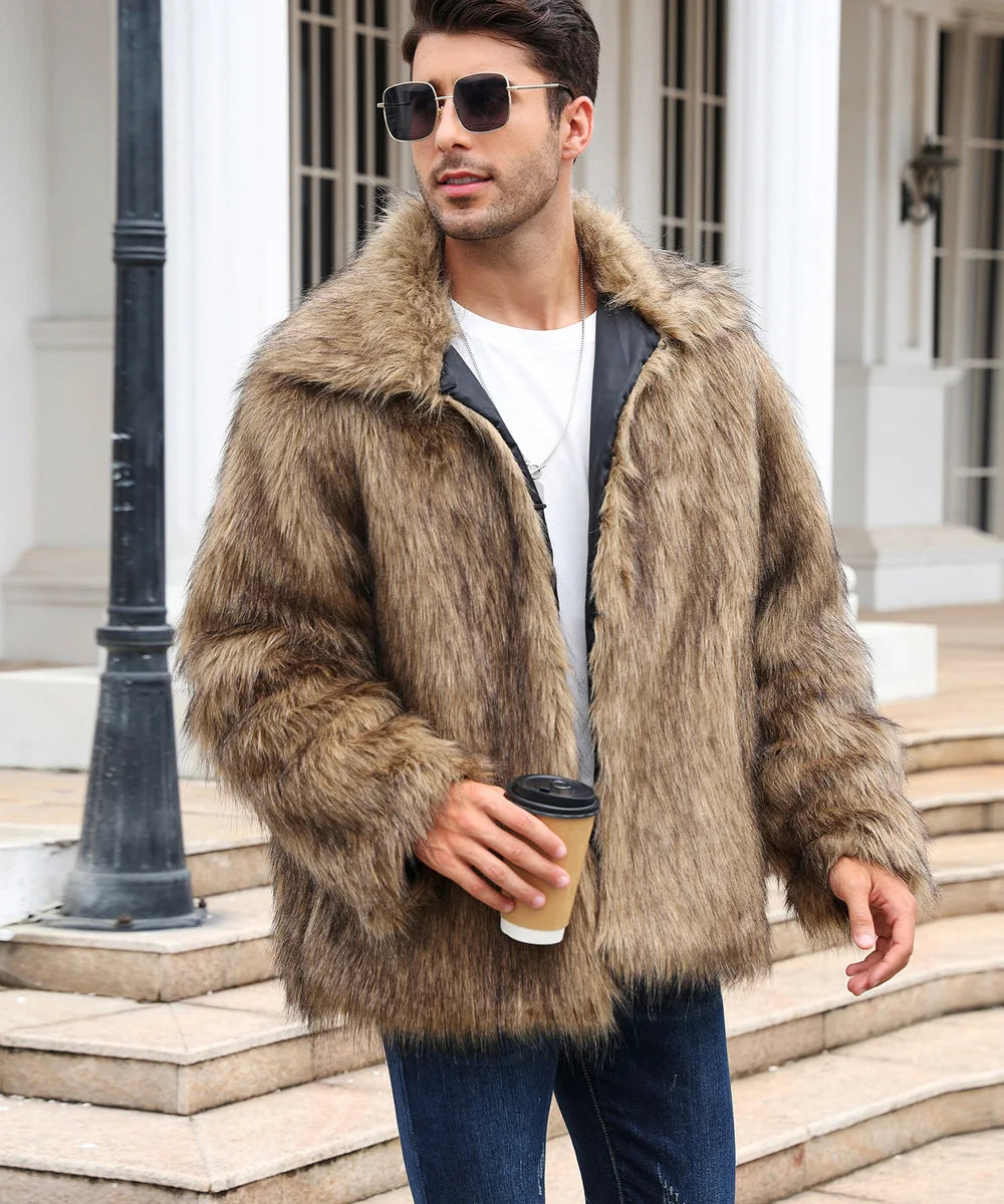 Herren Kunstfelljacke mit Umlegekragen | Flauschige Winterjacke im Oversize-Schnitt mit offener Vorderseite und Seitentaschen