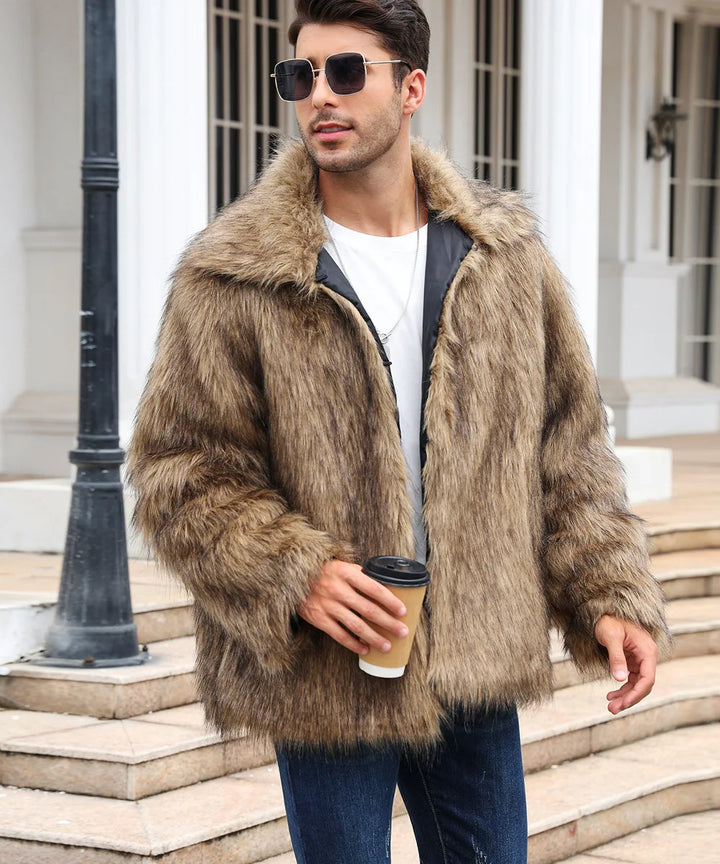 Herren Kunstfelljacke mit Umlegekragen | Flauschige Winterjacke im Oversize-Schnitt mit offener Vorderseite und Seitentaschen