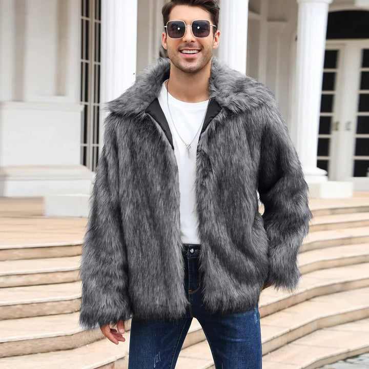 Herren Kunstfelljacke mit Umlegekragen | Flauschige Winterjacke im Oversize-Schnitt mit offener Vorderseite und Seitentaschen