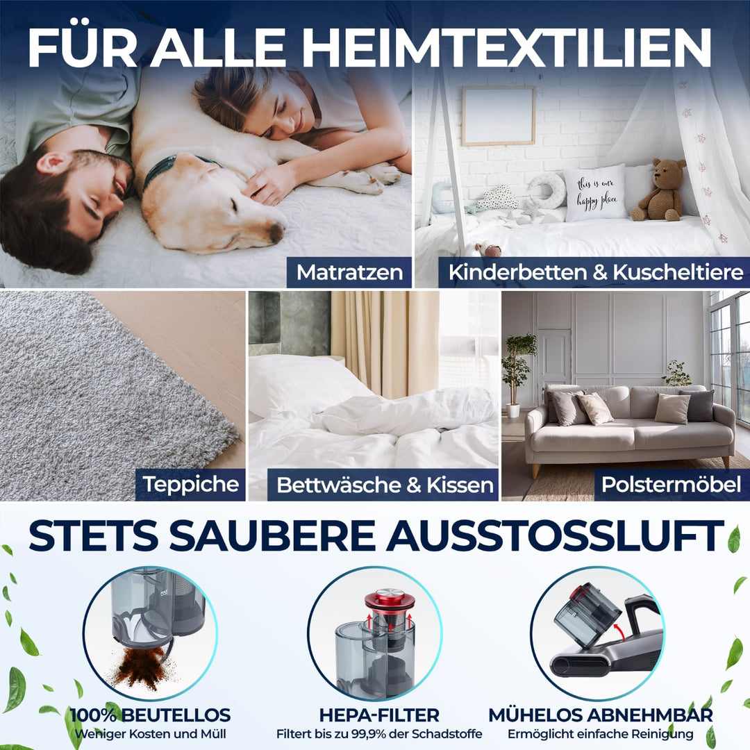 Milbenstaubsauger 450 Watt | Handstaubsauger mit 18.000 Pa, UV-Funktion und HEPA-Filter