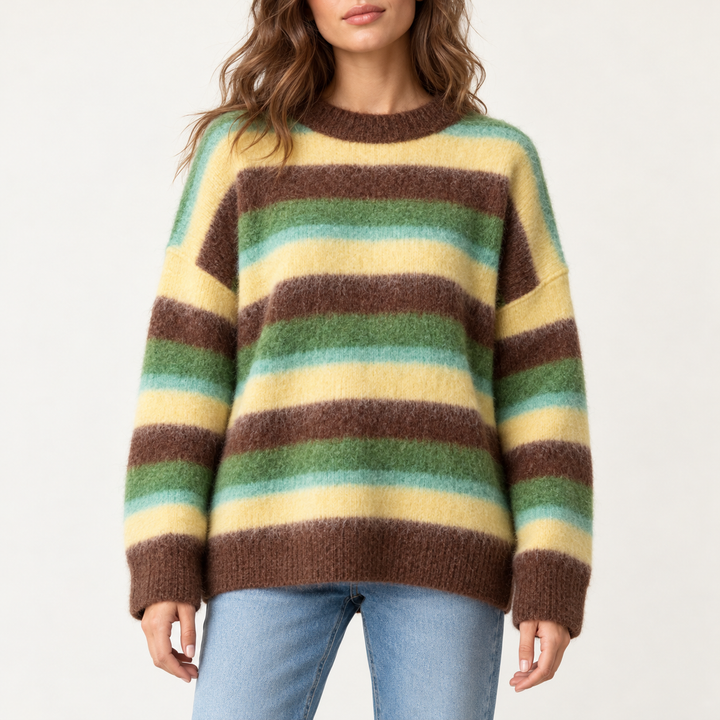 Damen Strickpullover mit buntem Streifenmuster | Weicher Rundhalspullover mit lockerer Passform und langen Ärmeln für Alltag und Freizeit
