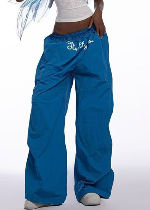 Damen Hose mit weitem Bein und blauem Print | Elastische Baumwollmix-Hose für Frühling | Bequeme Passform