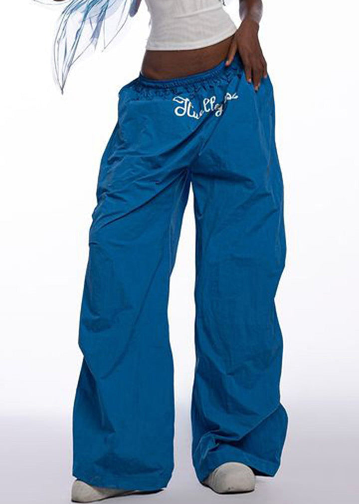 Damen Hose mit weitem Bein und blauem Print | Elastische Baumwollmix-Hose für Frühling | Bequeme Passform