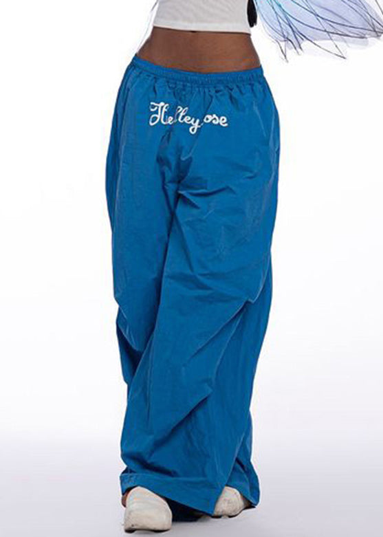 Damen Hose mit weitem Bein und blauem Print | Elastische Baumwollmix-Hose für Frühling | Bequeme Passform
