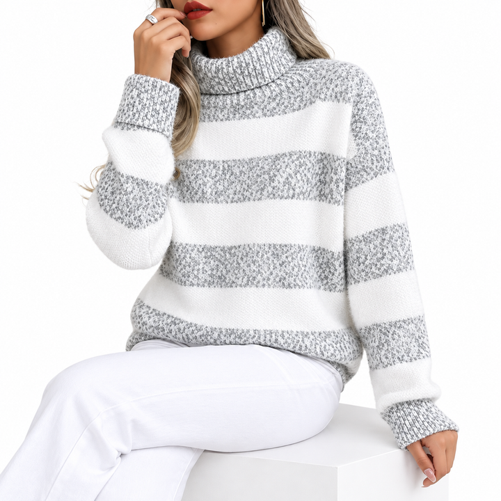 Damen Rollkragenpullover | Gestreifter Strickpullover mit langen Ärmeln, gerippten Bündchen und hüftlangem Schnitt für den Alltag