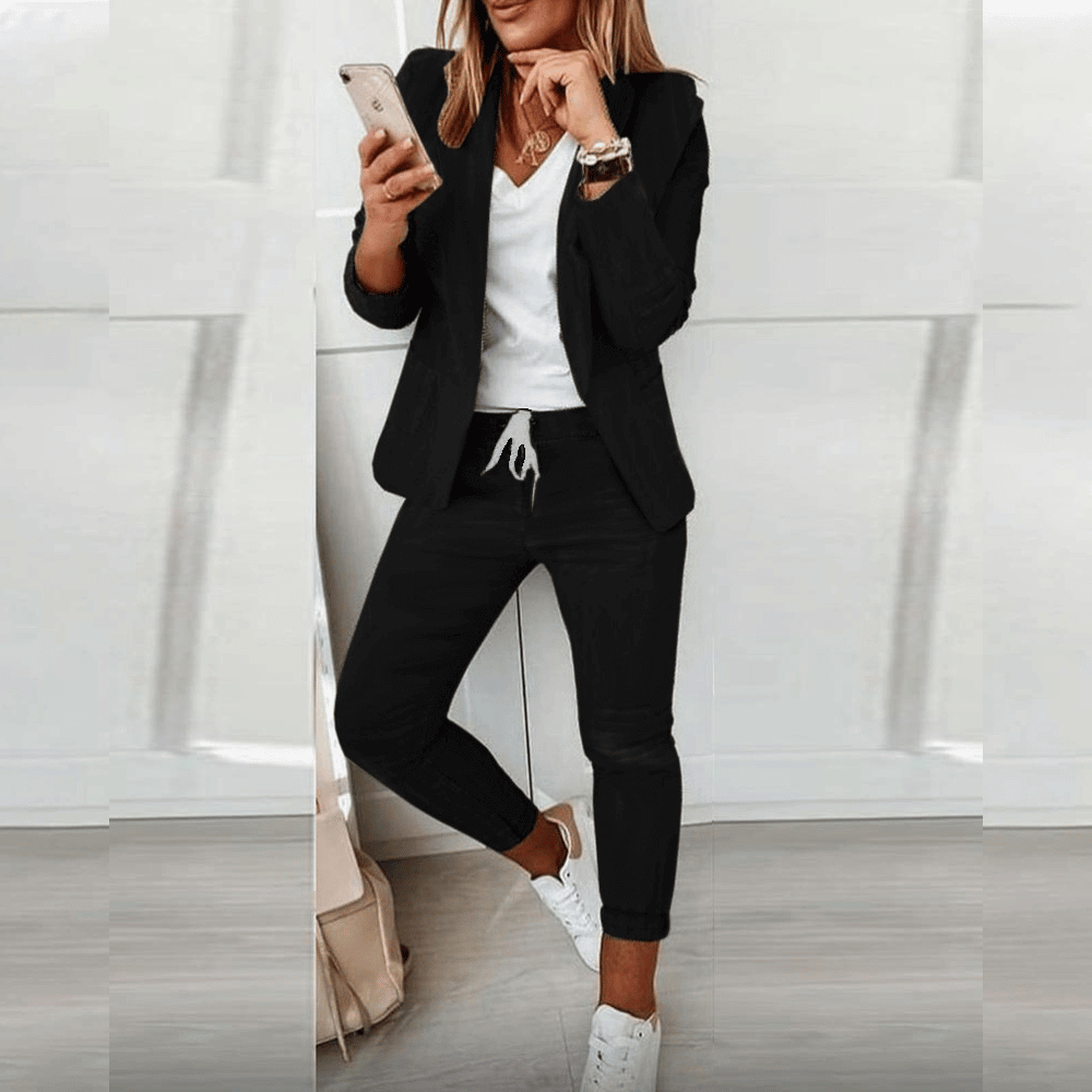 Damen Zweiteiler Set aus Baumwoll-Polyester-Mix | Bluse &amp; Hose/Shorts im Büro-Look | Figurschmeichelnd, bequem, ganzjährig