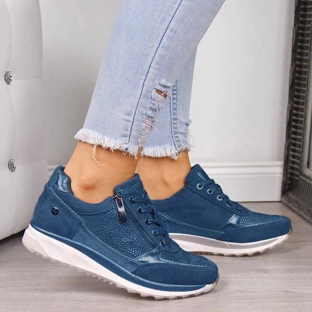 Damen Sneaker mit Reißverschluss | Atmungsaktives Mesh, ergonomisches Fußbett &amp; rutschfeste Sohle | Bequeme Alltagsschuhe fürs Büro