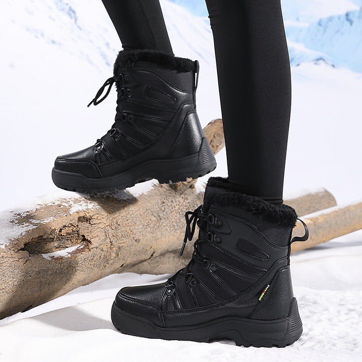 Damen Winterstiefel wasserdicht mit Plüschfutter | Warme gefütterte Schneestiefel mit rutschfester Sohle und Schnürung für Winter und Outdoor