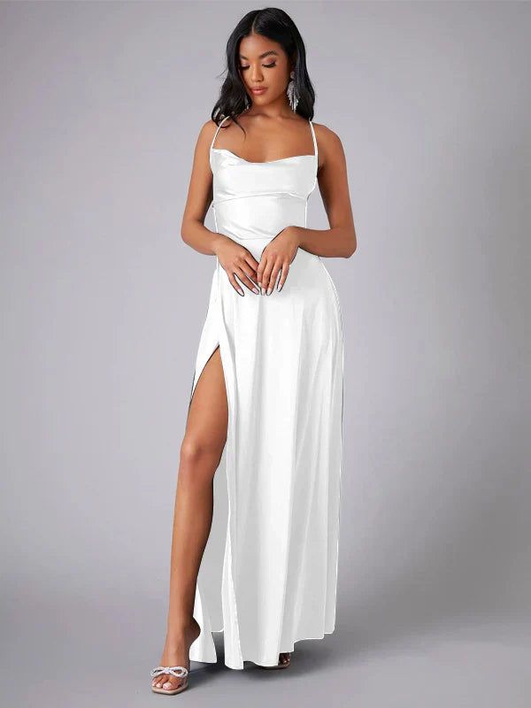 Maxi-Abendkleid Damen mit Drapé-Ausschnitt &amp; Spaghettiträgern | Offener Rücken mit Schnürung | Hoher Beinschlitz, S–XXL