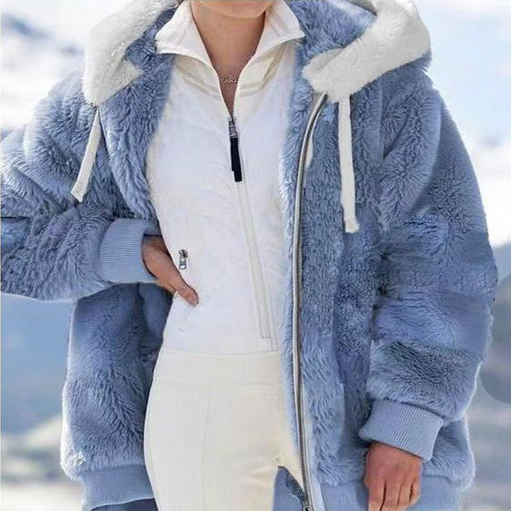 Damen Fleecejacke mit Kapuze | Warme Jacke mit doppelseitigem Teddyfutter, Oversize-Passform und Reißverschluss