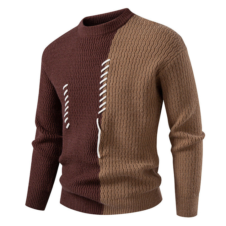 Herren Strickpullover mit Zierband und Strukturmuster | Warmer Rundhalspullover mit zweigeteilter Strickoptik und gerader Passform