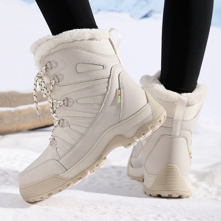 Damen Winterstiefel wasserdicht mit Plüschfutter | Warme gefütterte Schneestiefel mit rutschfester Sohle und Schnürung für Winter und Outdoor
