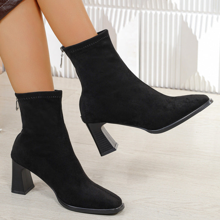 Damen Wildleder-Stiefeletten mit Blockabsatz | Elegante Ankle Boots mit seitlichem Innenreißverschluss für Alltag, Büro und Abendanlässe