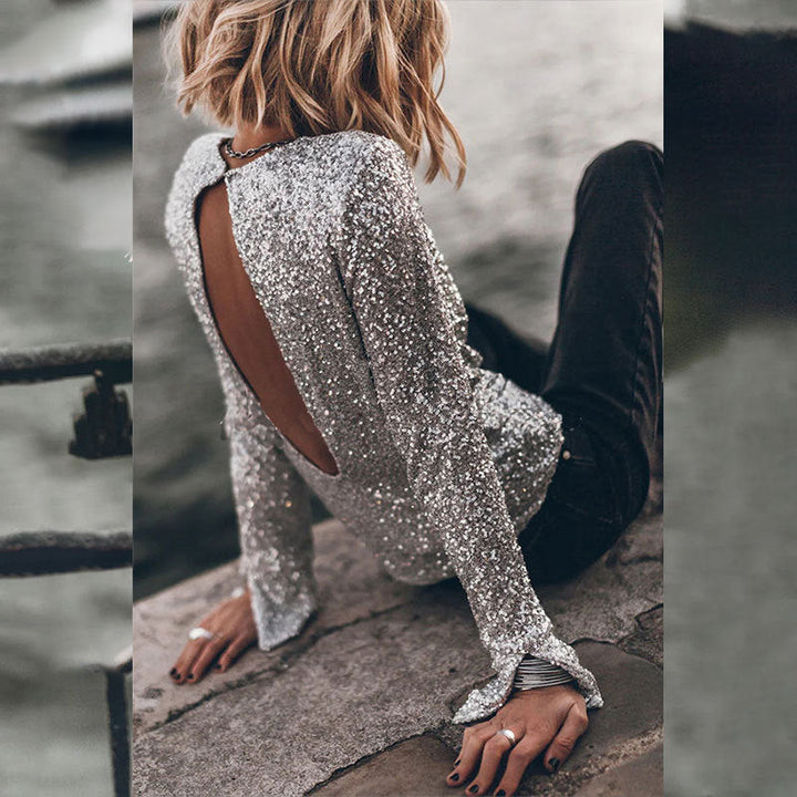Damen Pailletten Oberteil | Elegantes Glitzertop mit funkelnden Pailletten, langen Rüschenärmeln und femininer Passform für festliche Anlässe