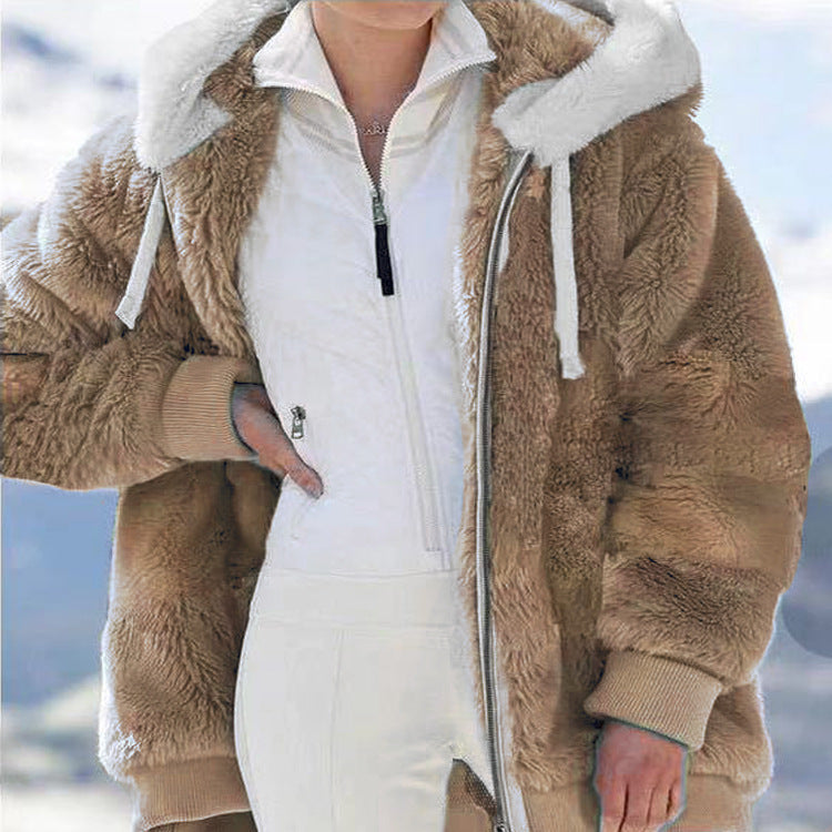 Damen Fleecejacke mit Kapuze | Warme Jacke mit doppelseitigem Teddyfutter, Oversize-Passform und Reißverschluss