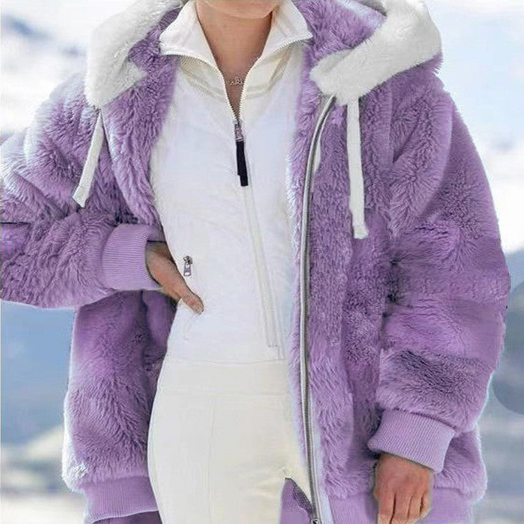 Damen Fleecejacke mit Kapuze | Warme Jacke mit doppelseitigem Teddyfutter, Oversize-Passform und Reißverschluss