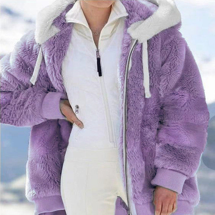 Damen Fleecejacke mit Kapuze | Warme Jacke mit doppelseitigem Teddyfutter, Oversize-Passform und Reißverschluss