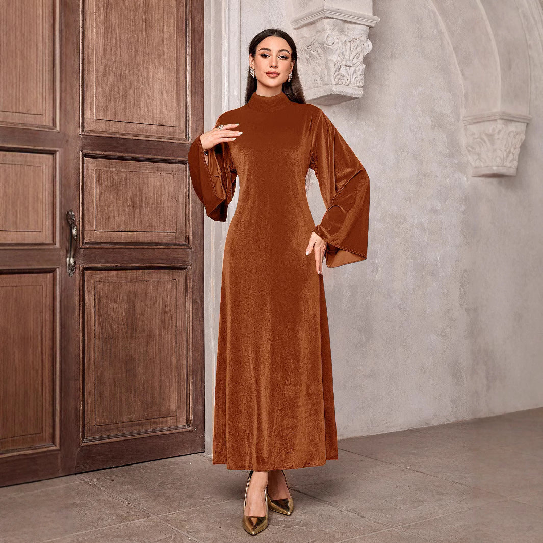 Damen Maxikleid | Elegantes langes Kleid mit Stehkragen, weiten Glockenärmeln und fließender Passform für festliche Anlässe