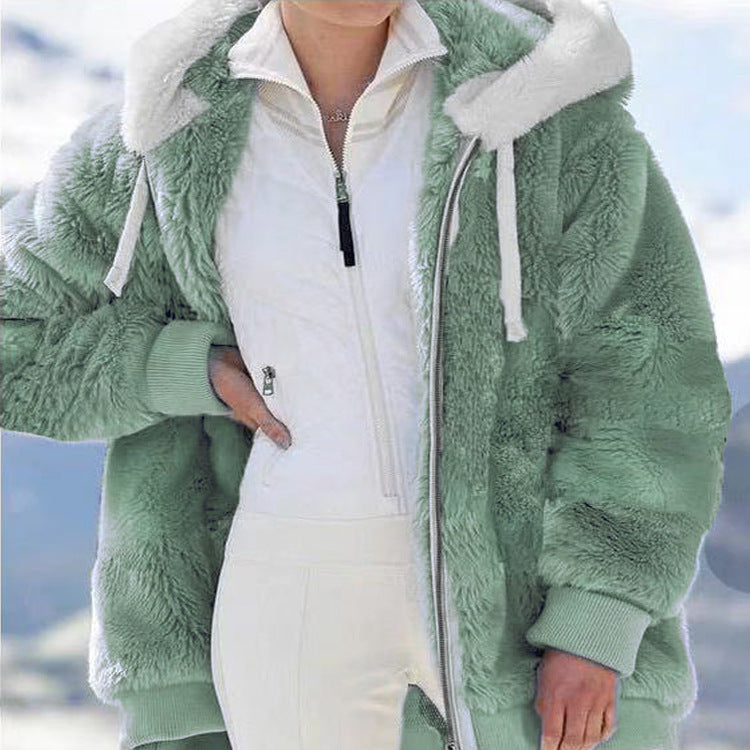 Damen Fleecejacke mit Kapuze | Warme Jacke mit doppelseitigem Teddyfutter, Oversize-Passform und Reißverschluss