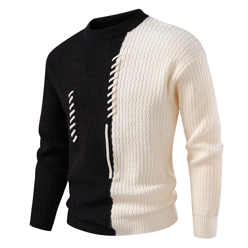 Herren Strickpullover mit Zierband und Strukturmuster | Warmer Rundhalspullover mit zweigeteilter Strickoptik und gerader Passform